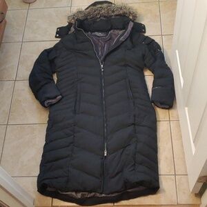 Eddie Bauer Black Down Long Coat Parka with Faux Fur Trim Hood Women's Size XL